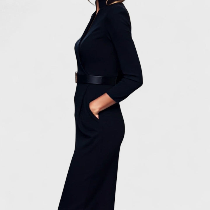 Camille – Stand-Collar Belted Dress