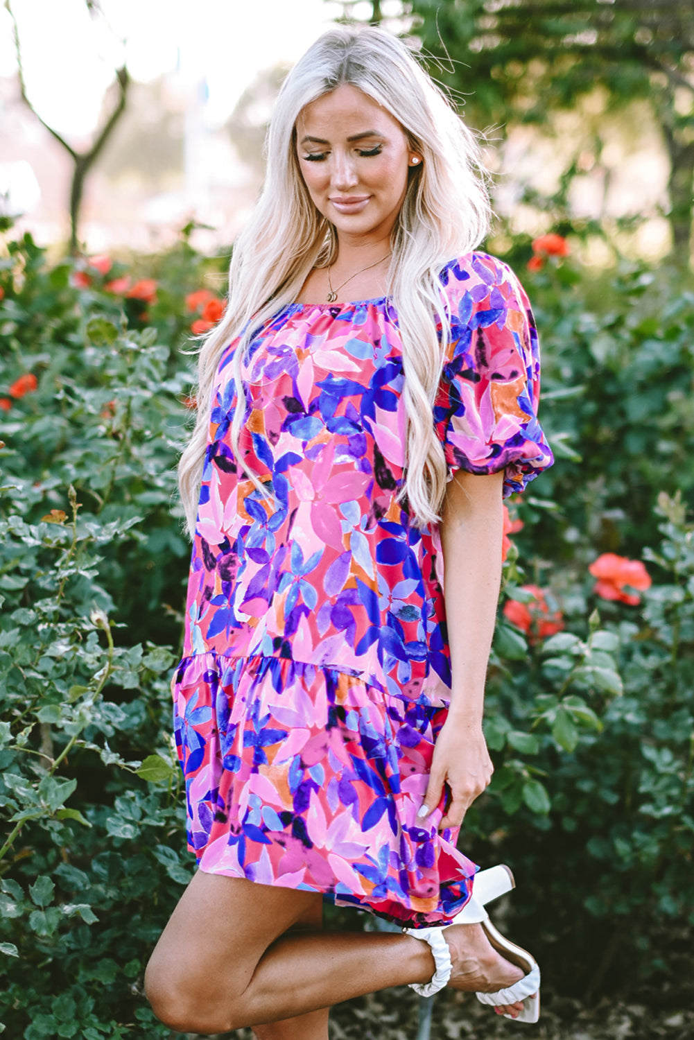 Flower Short Sleeve Ruffled Dresses