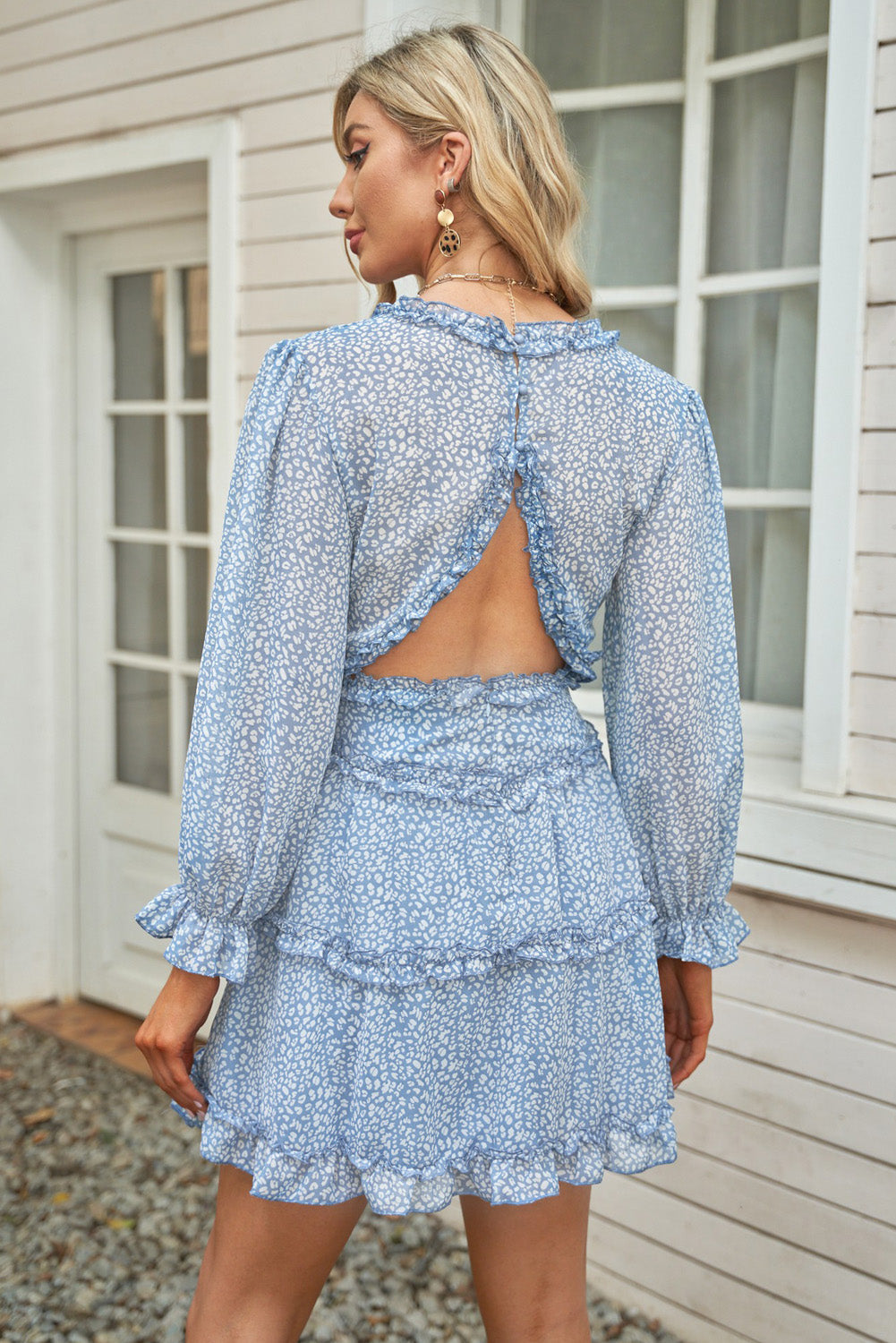 Sky Blue Ruffle Detailing V-Neck Open Back Floral Dress
