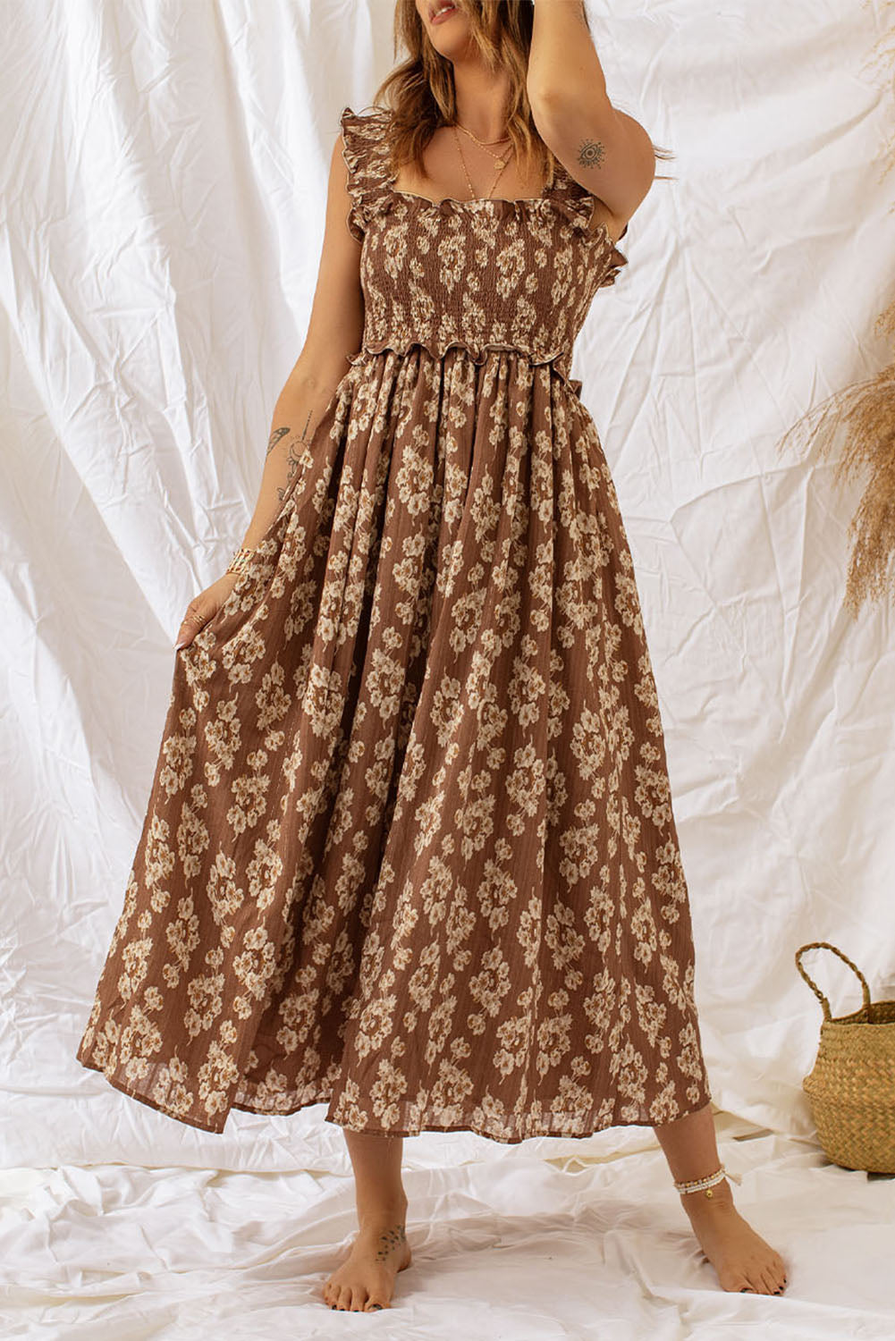 Ruffled Smocked Floral Maxi Dresses